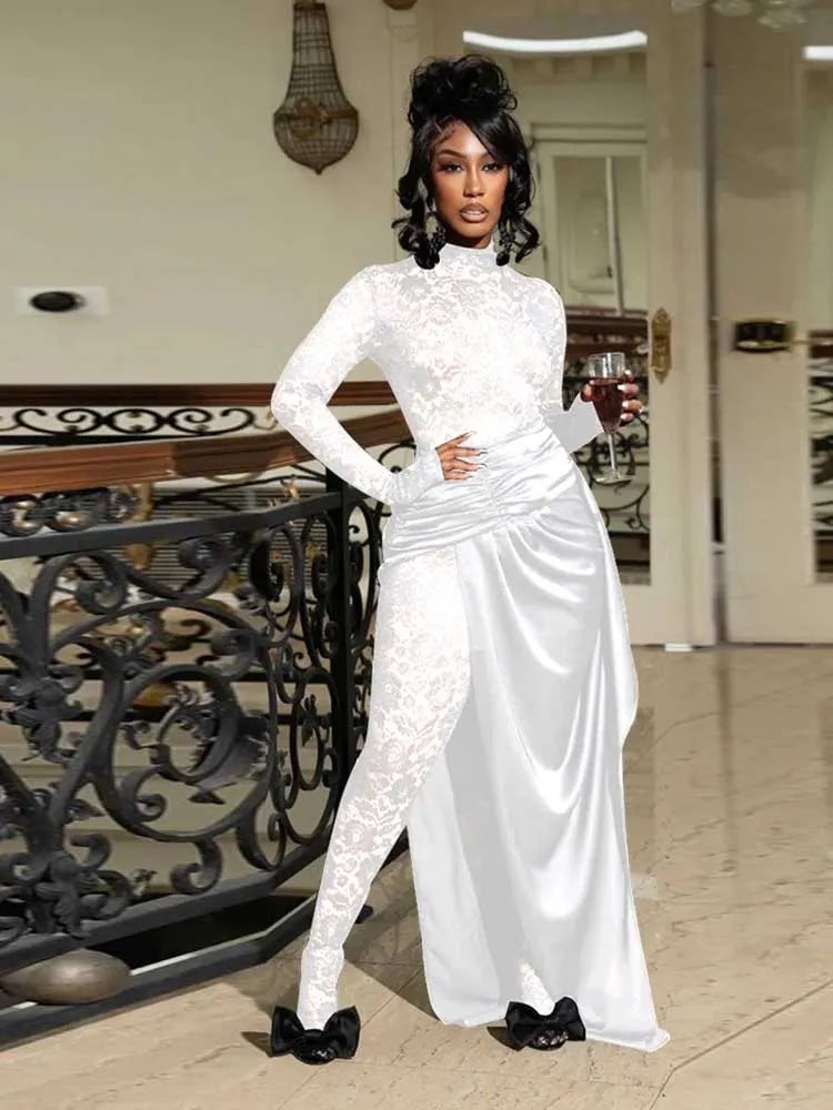 Spring Elegant Woman Jumpsuit Sexy Transparent Lace Full-length Jumpsuit Long Sleeve Jumpsuit with Dress Wholesale Dropshipping