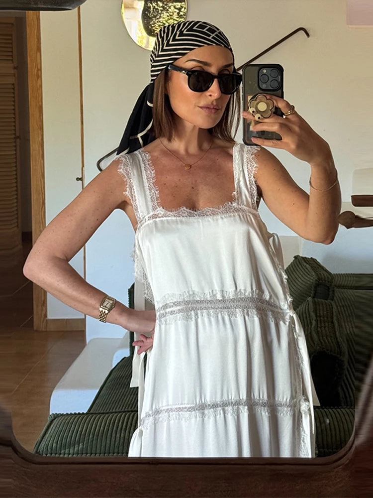 Fashion Solid Lace Patchwork Women's Dress Sleeveless High Side Split Lace Up Hollow Out Sling Dresses 2026 Summer Female Robe