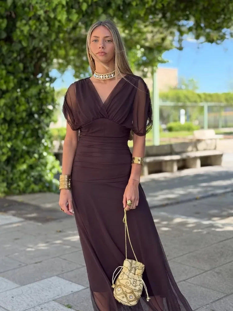 Women Solid Deep V-neck Mesh Long Dress Elegant Puff Short Sleeve Ruched Waist High Vestidos 2026 Summer Lady Casual Street Robe