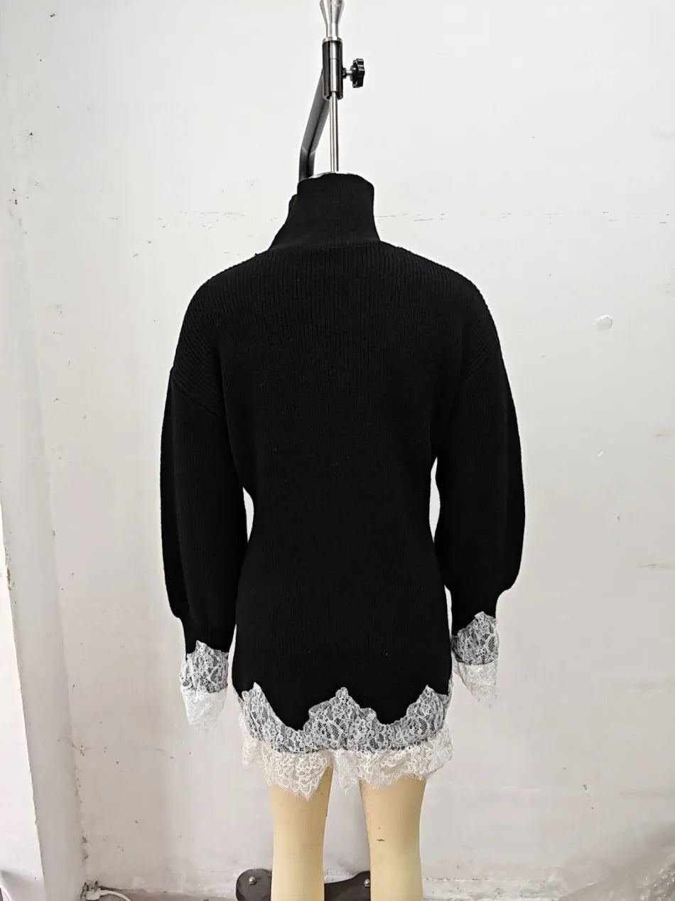 Women's Black Knitted Turtleneck Sweater Dress Lace Splice Mini Dress Fashion Spring Autumn Vintage Casual Retro Loose Dress