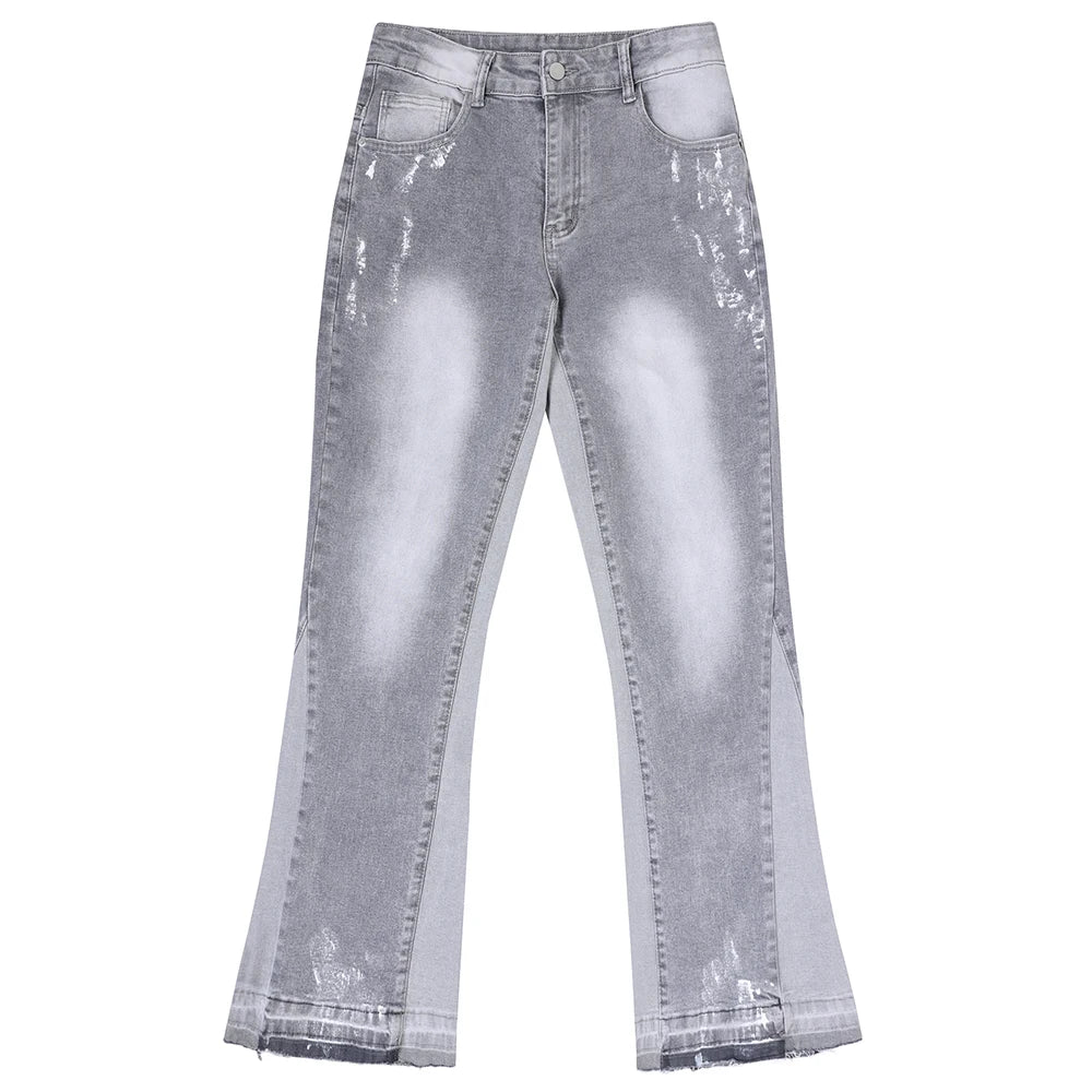 Men Painted Flared Denim Jeans Spliced Slim Boot Cut Pants Vintage Grey Cotton Released Hem Trousers