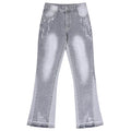 Men Painted Flared Denim Jeans Spliced Slim Boot Cut Pants Vintage Grey Cotton Released Hem Trousers