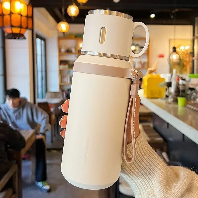 600ML Stainless Steel Insulated Bottle Double Wall Vacuum with Cup Lid Rope Handle Office Home Travel Thermos Coffee Cup Outdoor