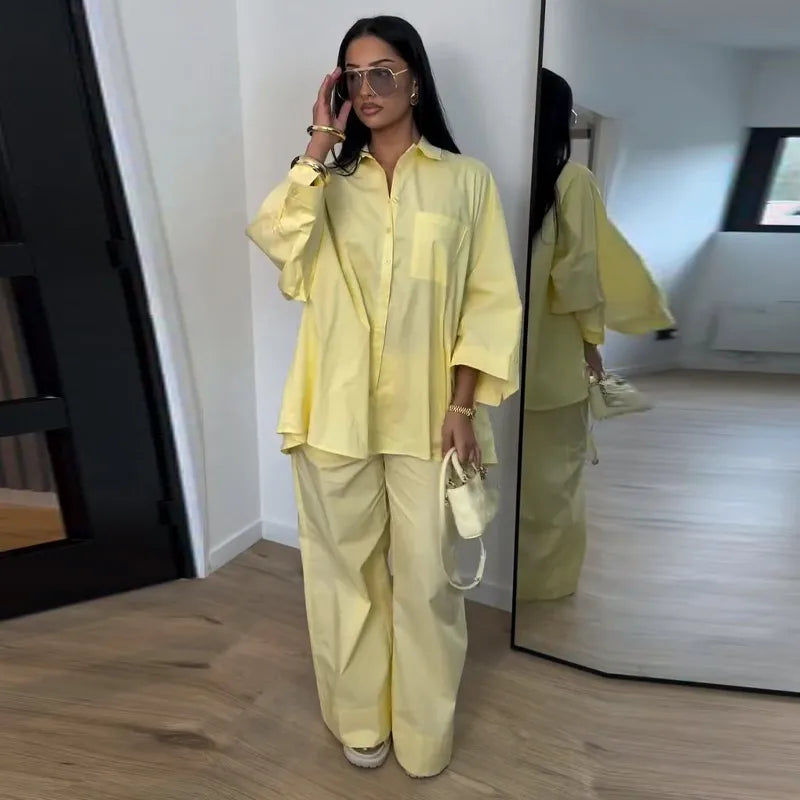 Loose Striped Contrast Wide Leg Pants Set Women Oversized Lapel Single Breasted Shirt Trousers 2026 Summer Lady Casual Outfits