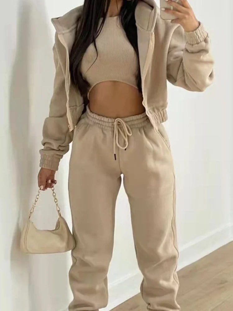Women's 3-Piece Set Long Sleeve Hooded Sport Coat Casual Loose Lace-Up Pants Autumn Winter Fashion Outfit Versatile Clothing