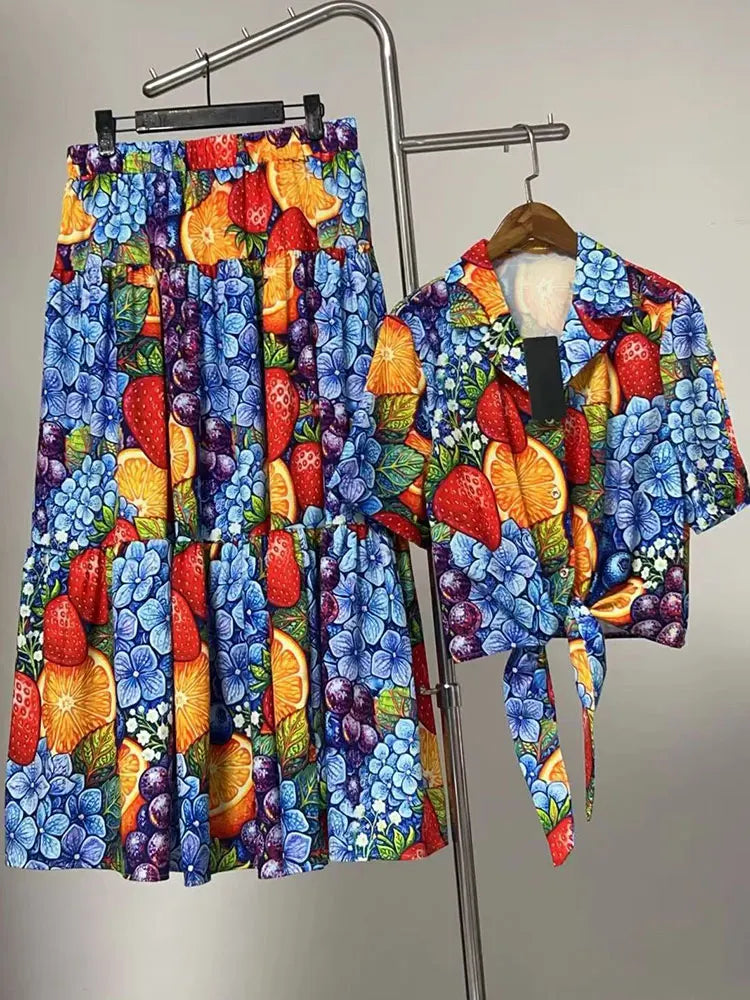 Retro Summer Women's New Two-Piece Lapel Single-Breasted Hem with Strapless Short Shirt + Elastic Waist A-Shaped Fashion Suit