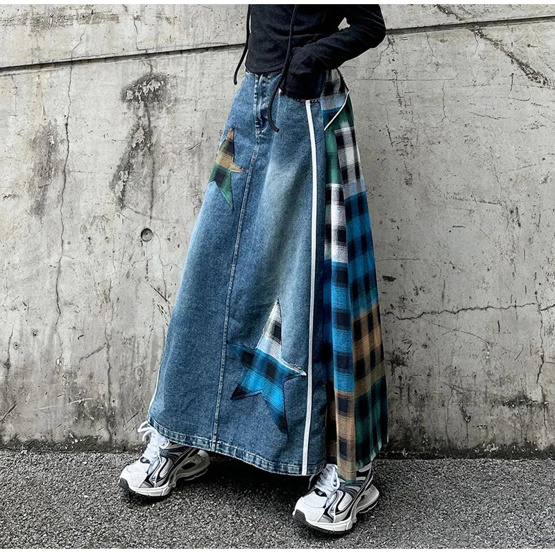 High Fashion Denim Skirt Women Elastic High Waist A-Line Long Skirt Female Colorful Patchwork Plaid Jean Skirt