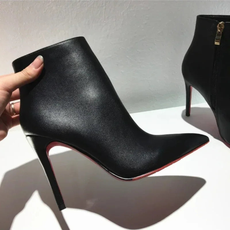 high heeled short boots  fashionable and sexy soft leather pointed thin heel side zipper and bare boots