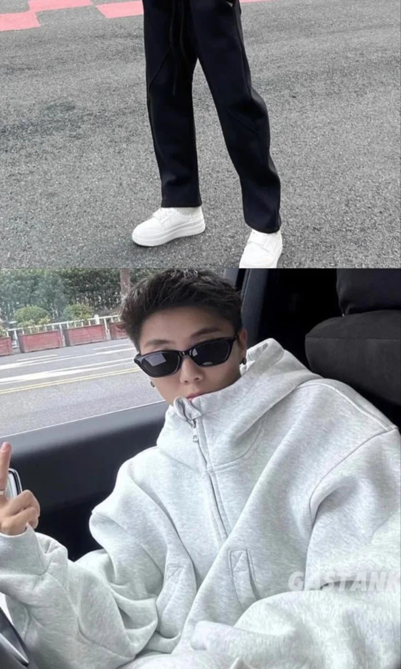 Men's Autumn Winter Hooded Open Cardigan Double Zipper Fleece Long Pants Sport Casual Two-Piece Set Versatile Polyester Fiber