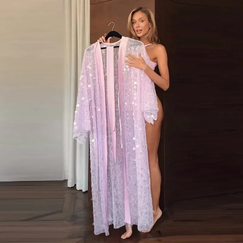 Sexy Sequined Women's Cardigan Dress Mesh Long Sleeve Loose Lace Up Ankle-Length Dresses 2026 Summer Chic Female Vacation Robe