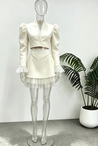 White Women's mesh two piece set Puff Sleeve V Neck blazer two piece dress set Daily Commuter Party  Outfit 2026 Summer Style