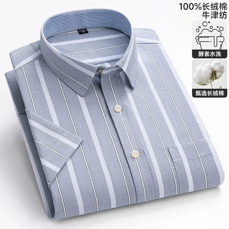 New 100% Cotton Oxford Men's Shirts Short Sleeve Plaid Soft Regular Fit Formal Dress Shirt Social Blouse Male Clothes 6XL 7XL