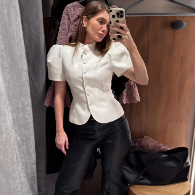Elegant Stand Collar Blazer Women Solid Full Sleeve Button Pleated Slim Jackets 2026 Fashion Spring Waist-closed Coat Lady