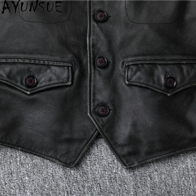 AYUNSUE Genuine Leather Jackets Mens Clothing Retro Cowhide Vest Black Jacket Fashion Short Vests Jaqueta De Couro Masculino