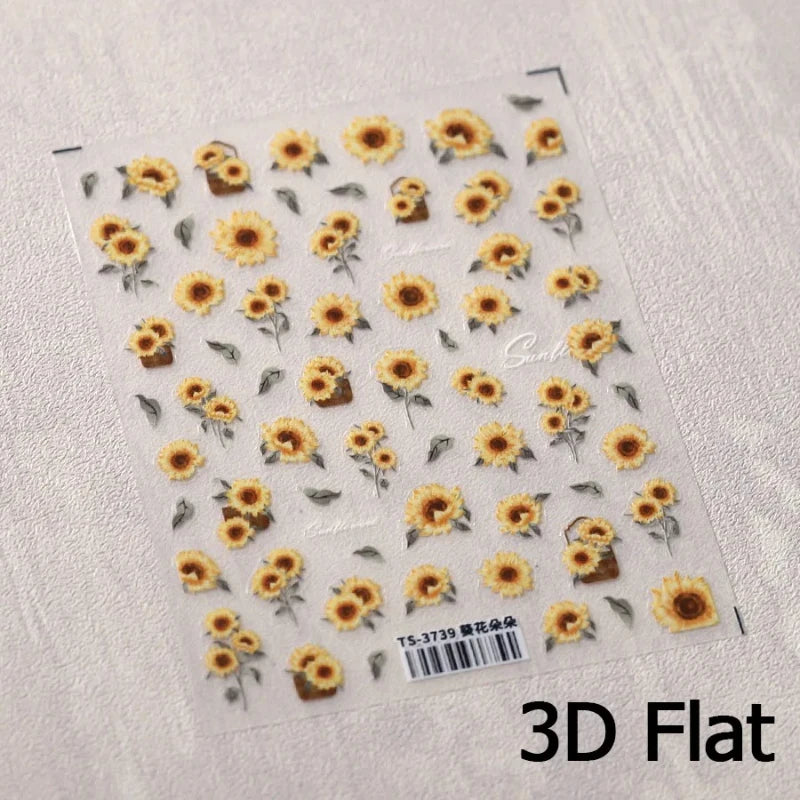 Gold Stamped Frame Oil Painting Style Sunflowers Metal Bead 3D Self Adhesive Nail Art Stickers Autumn Manicure Decals Wholesale