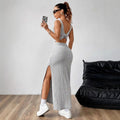 Y2K Street Style Sleeveless Square Neck Ribbed Maxi Dress Thin Strap High Side Slit Bodycon Long Skirt