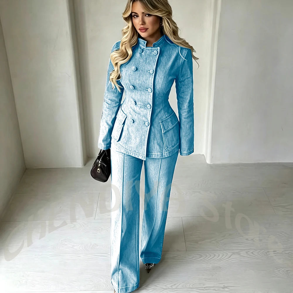 Women‘s Dark Blue Denim 2-Piece Suit Set Tailored Double Breasted Stand Collar Smart Casual Streetwear Chic Daily Outfits