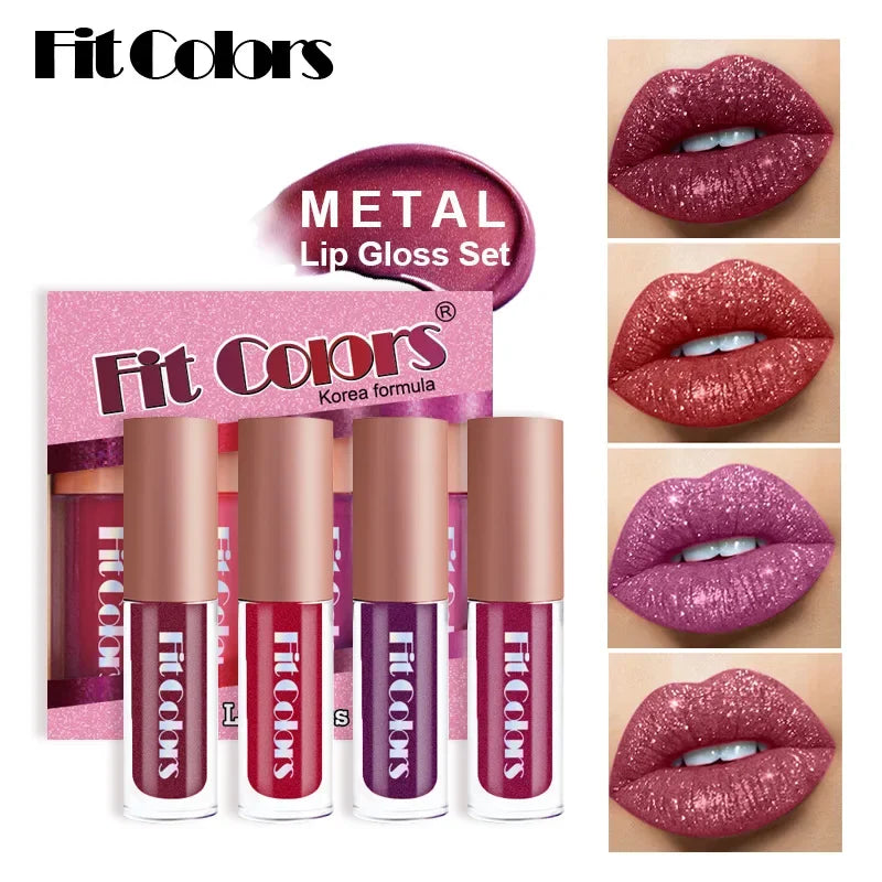 Fit Colors 4-Piece Velvet Lip Gloss Set - Non-Transfer Matte Diamond Finish Long-Lasting Waterproof Lip Gloss Collection