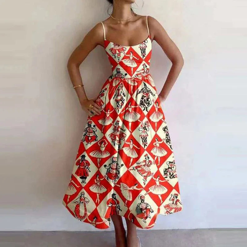 Summer U-neck Casual Female Vintage Elegant Spaghetti Strap Dress Women Elegant Solid Sleeveless A-line Midi Women's Dresses