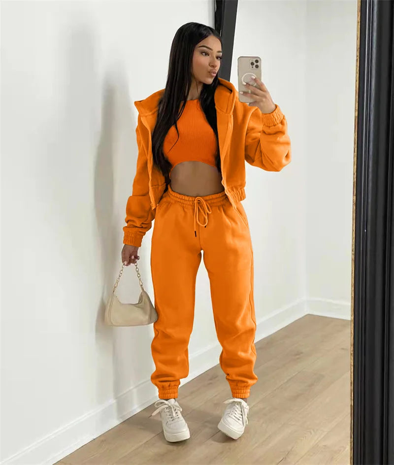 Active Wear 3 Piece Sets Womens Outfits Tracksuit Hooded Jacket Top + Vest + Sweatpants Sporty Suit Fitness Casual Matching Sets