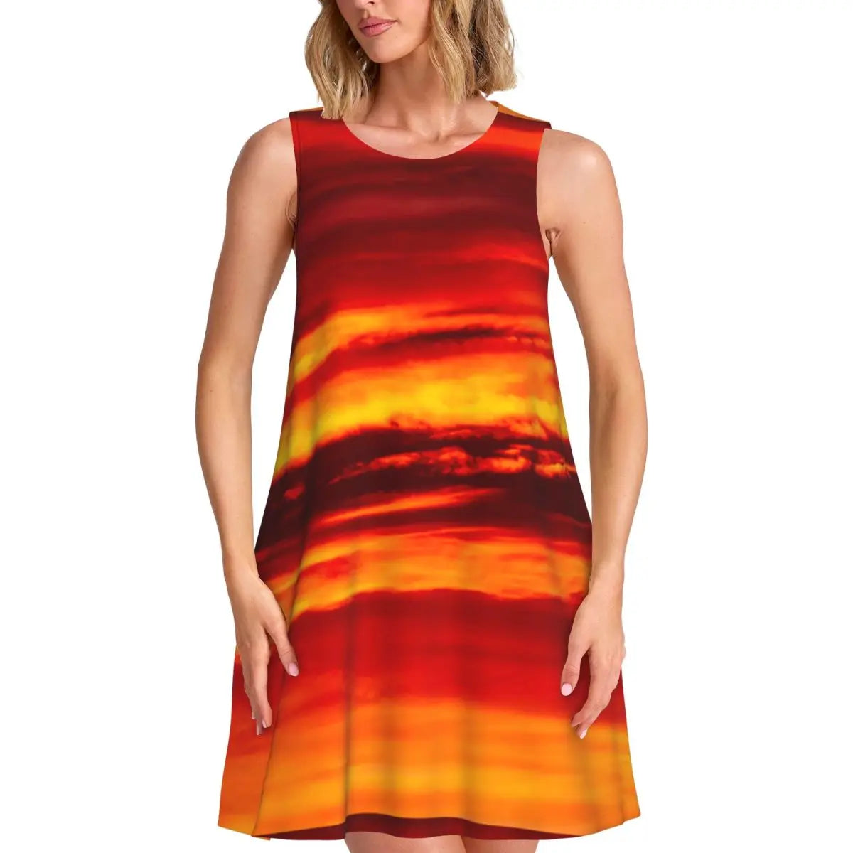 Ocean Sunset Casual Dress Palm Tree Print Sleeveless Elegant Dresses Ladies O Neck Simple Dress Day Print Clothing Birthday Gift