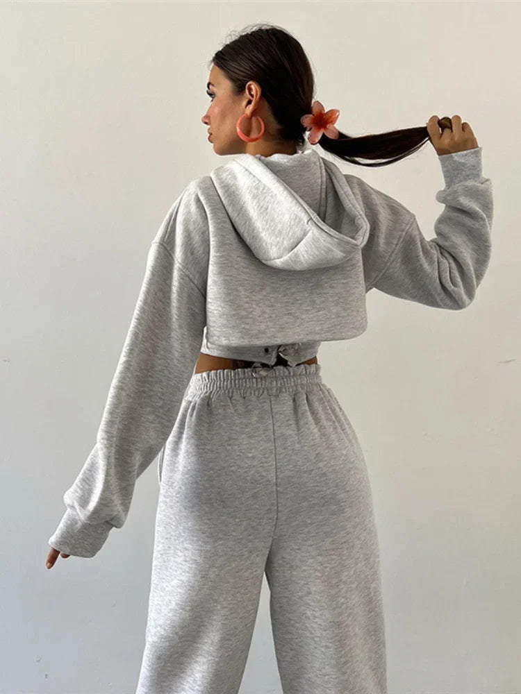 Women Hooded 3 Piece Set Corset Vest Cropped Sweatshirt Elastic Waist Pants Tracksuit Autumn Casual Lady Streetwear Matching Set