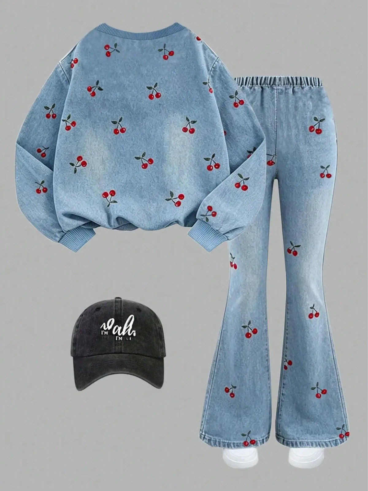 Girls' Summer and Autumn Set with Cherry Print, Round Neck Loose Long-Sleeve T-Shirt, Elastic Waist Long Pants Two-Piece Set, Blue Faux Denim Print Clothing Suitable for Children over 3 Years Old, Versatile Outfit for Home an