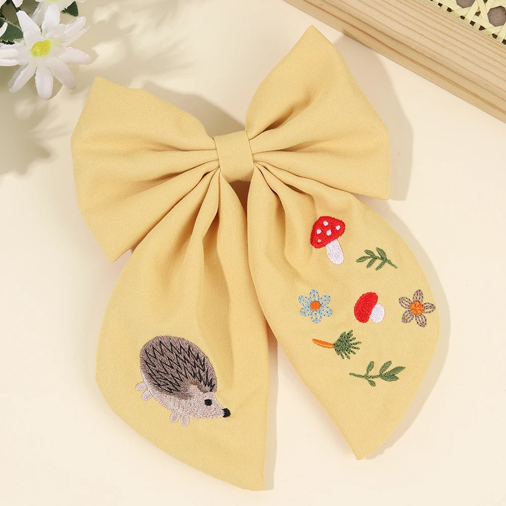 Cartoon Hedgehog Bow Hair Clip For Girls Elegant Handmade Flower Fox Embroidery Hairpins  New Trendy Headwear Hair Accessories