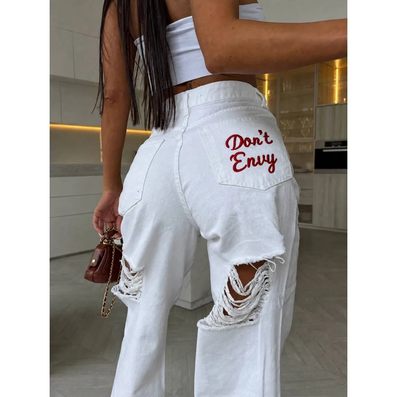 Women Embroidered Ripped Baggy Jeans Y2k Low Rise Straight Jeans Classic Regular Fit Denim Pants Casual Wide Leg Jeans Clothes