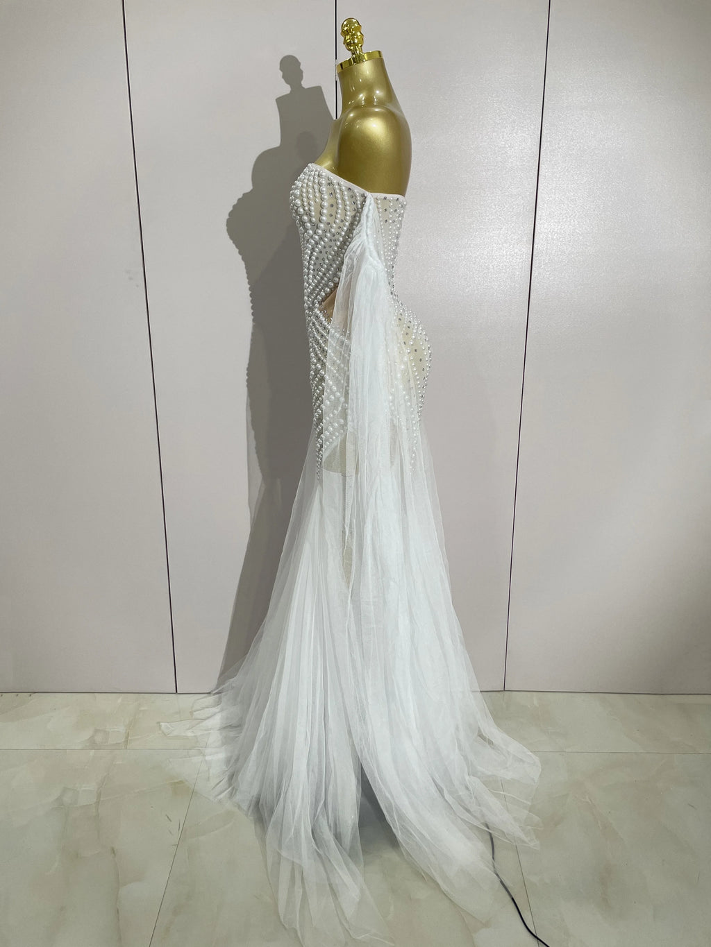 Elegant Sparkly Rhinestone White Pearl Sexy Strapless Mesh Long Dress Wedding Guest Gowns Luxury Birthday Evening Party Dress