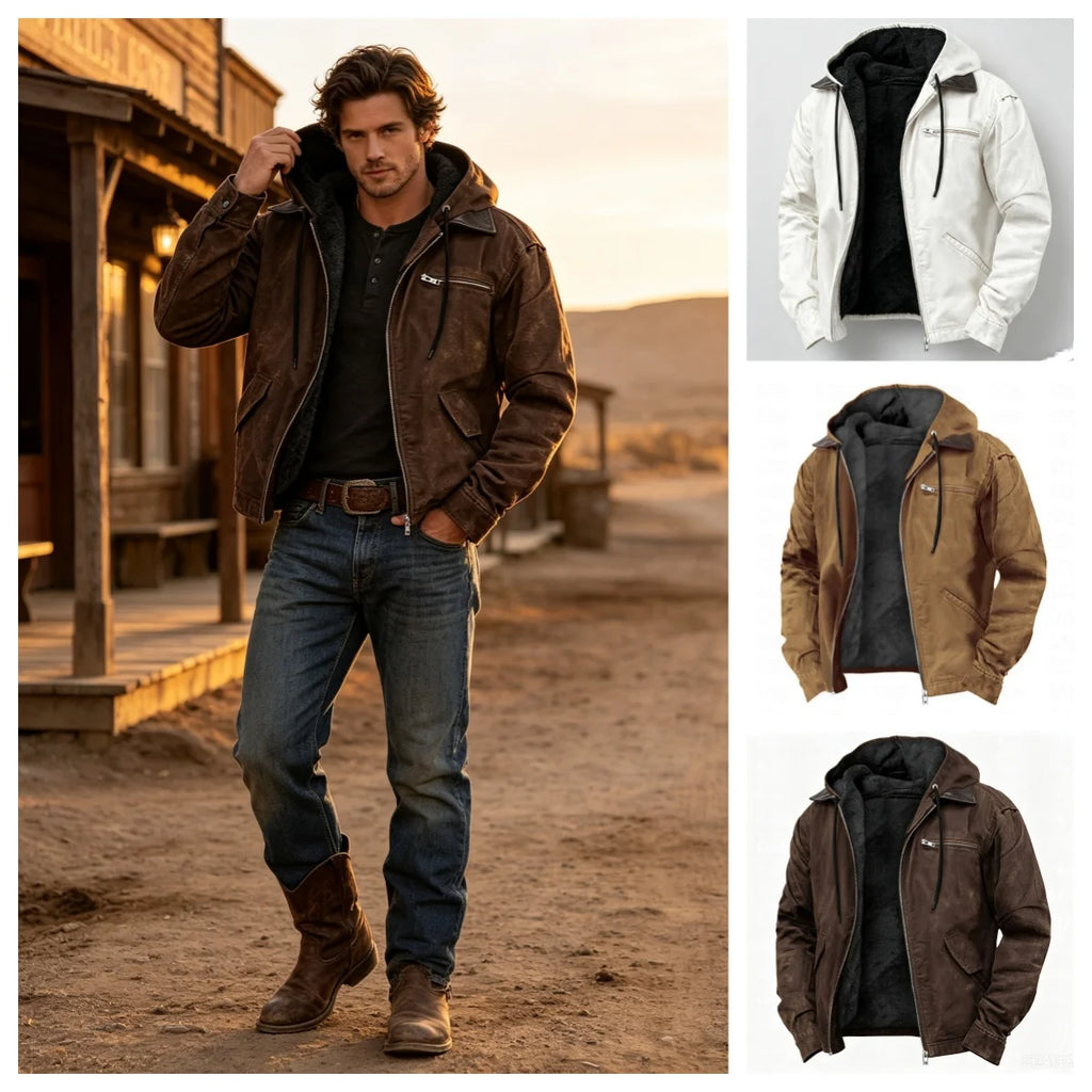 Men's Autumn Casual Retro Hooded Zipper Solid Fleece-lined Warm Fleece Jackets Male Multi Pocket Outdoor Hoodies Coats Outerwear