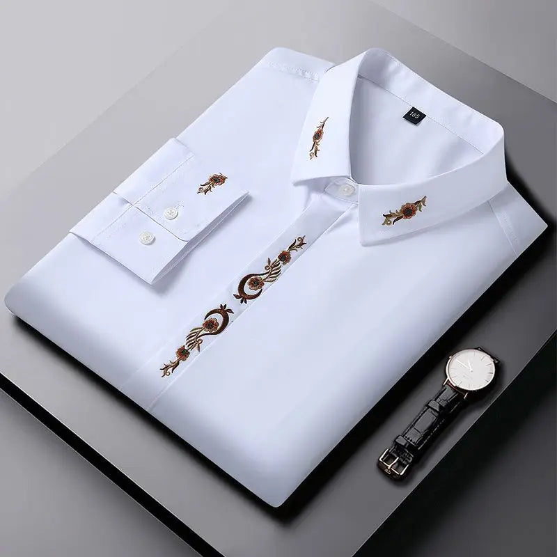 Smart Casual Embroidery Long Sleeve Shirt Tops Spring Autumn Polo Neck Loose Plus Size Vintage Blouse Fashion Trend Men Clothing