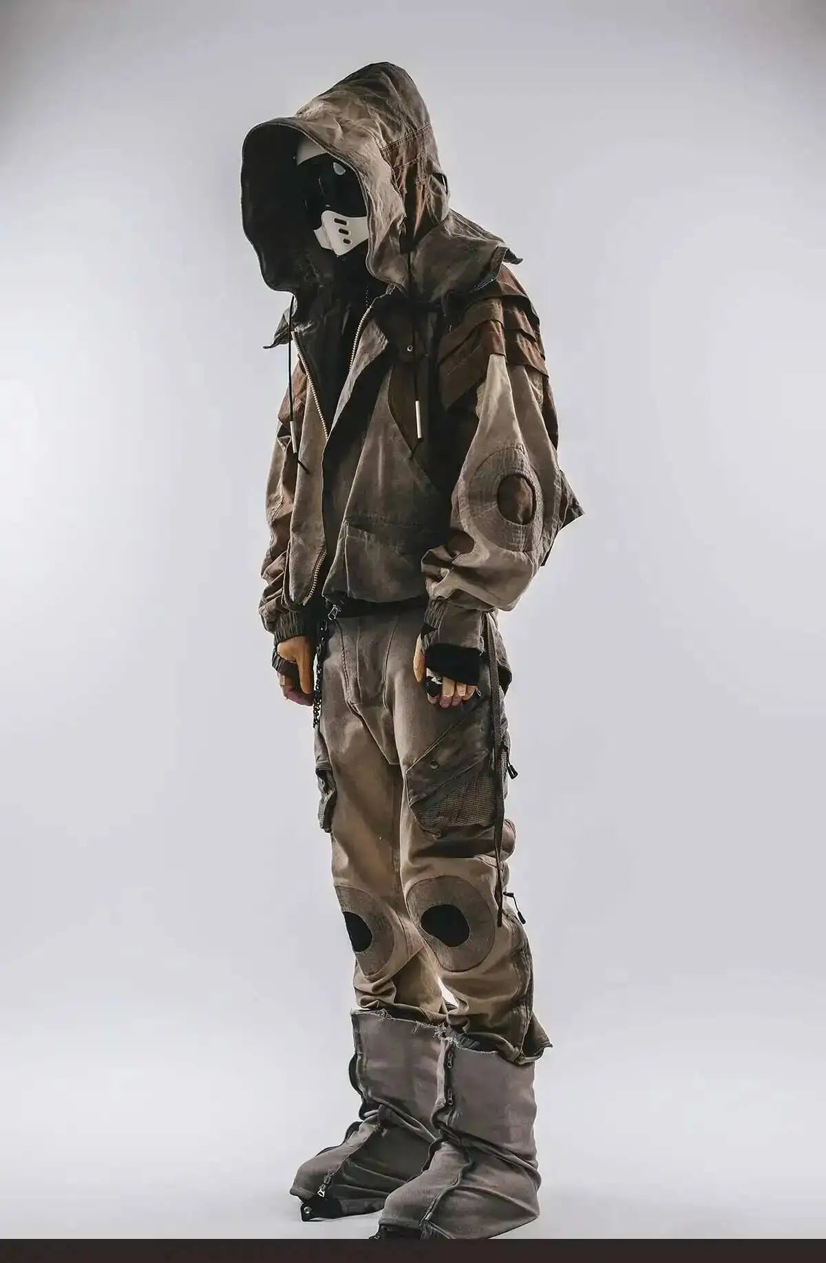 HKSH Autumn New Men's Hooded Distressed Patchwork Folded Waste Land Tactical Punk Techwear Shoulder Batwing Sleeve Jacket HK2392