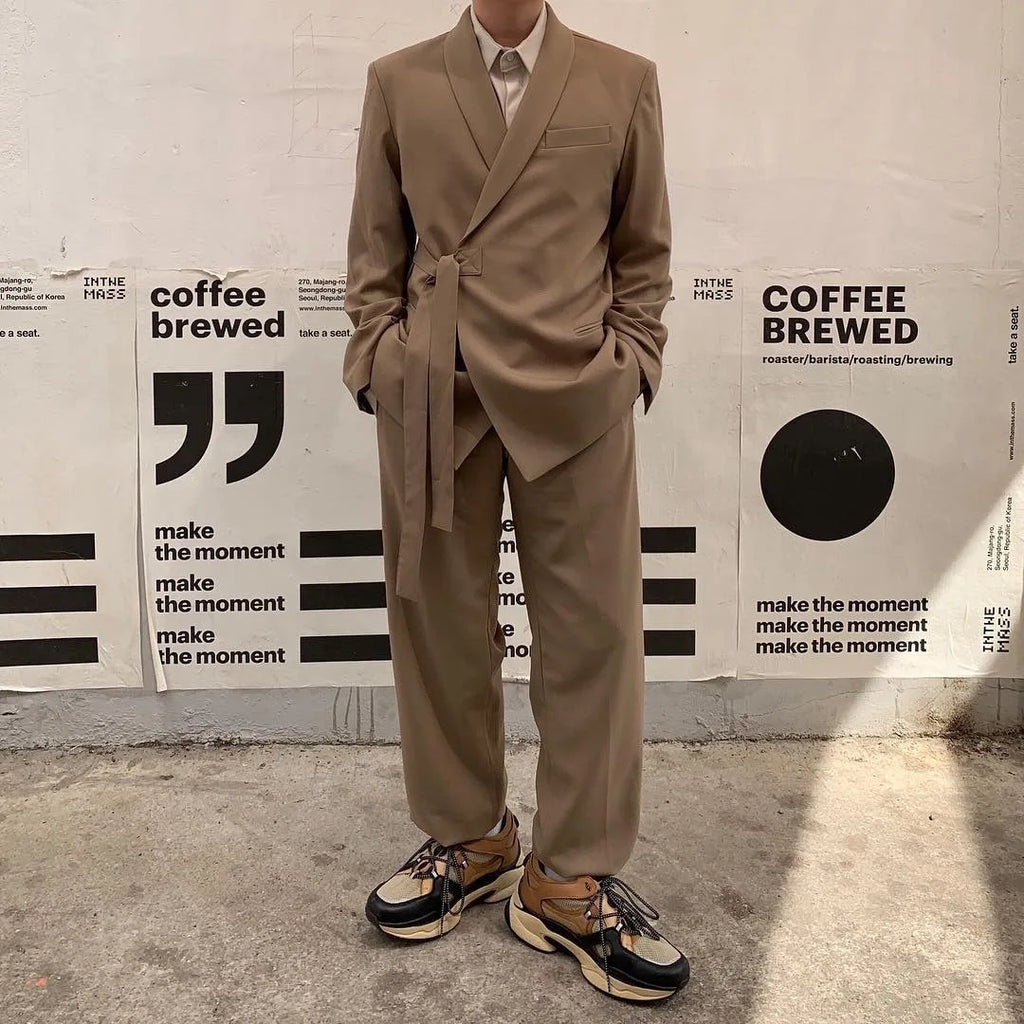Spring Autumn Men's Loose Half Sleeved Suits Blazer Pants  2 Pieces Solid Clor Fashion Half Waistband Casual Blazer Suit Sets