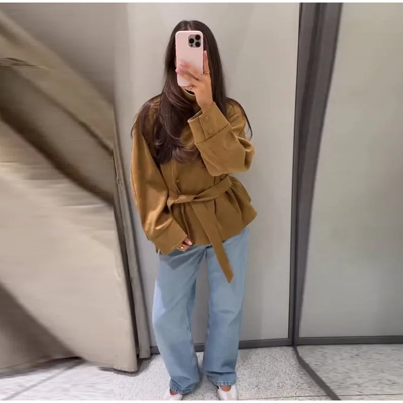 Faux Suede Women Winter Jacket Belted Waist Autumn Coat Stand Collar Short Jacket Cargo Jacket Daily Commute Wear Street Style