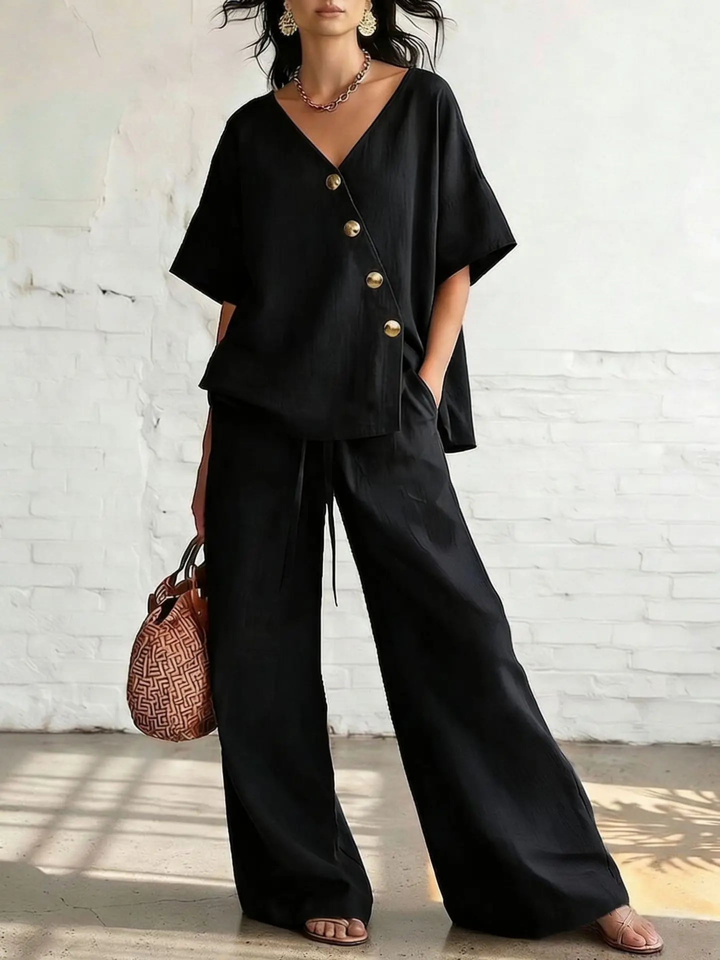 Casual Cotton Loose Pants Sets Women Summer 2026 Fashion Short Sleeve V-neck Tops And Wide Leg Pant 2 Piece Set Woman Outfits