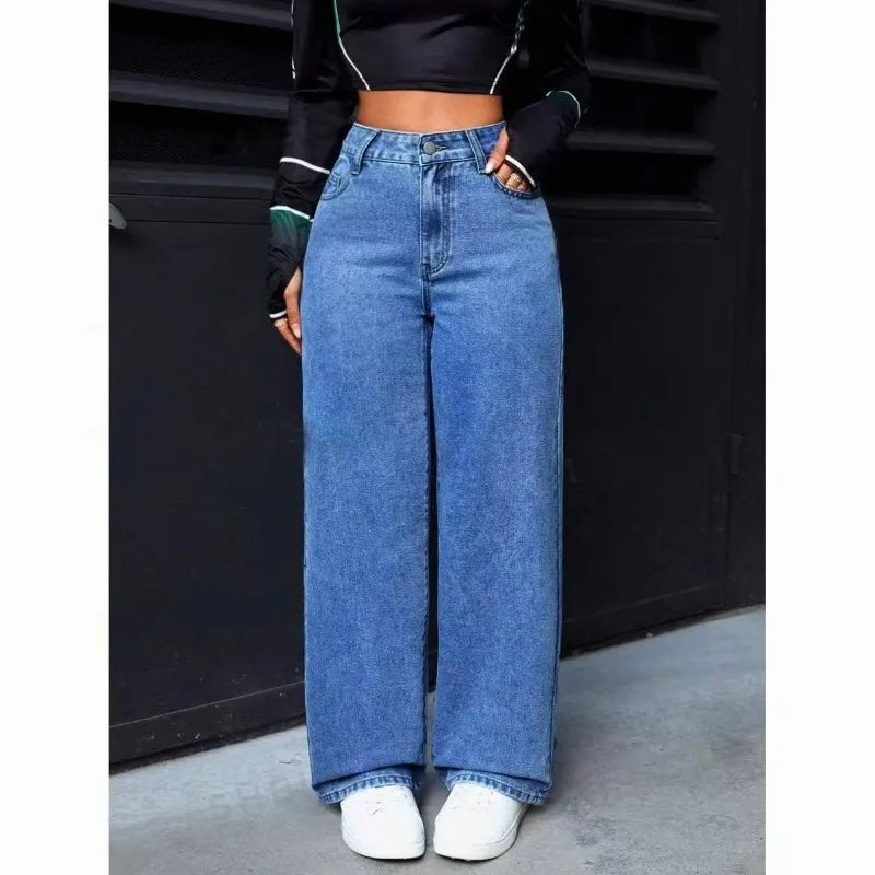 High-Waisted Straight-Leg Jeans Women's Pants Loose Fit American Blue Washed Fashion with Front & Back Pockets Daily Casual Wear