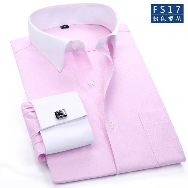 2025 Classic Regular Fit White French Cufflinks Men's Business Dress Long Sleeve Shirt Lapel Men Social Shirt