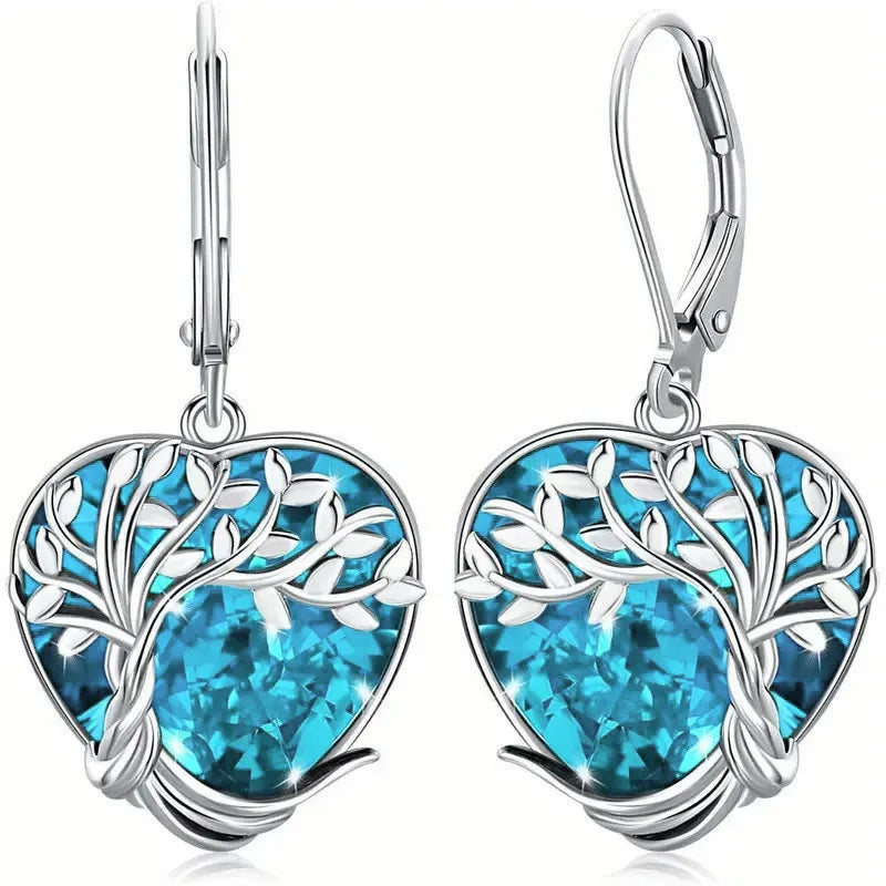 925 Sterling Silver Blue Crystal Heart Zircon Earrings For Woman Vintage Tree Shaped Engagement Charm Jewelry Gift