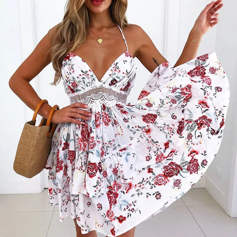 Sexy Strapless Floral  Waist Dress Cross-Border Elegant Cotton Blend Wrap Chest Style No Sleeve Summer New Arrival