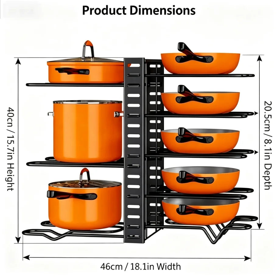 HTMCK Space-Saving 8-Tier Pot Rack Organizer - Durable Metal Holder for Pans, Pots, and Lids to Keep Your Kitchen Neat and Tidy