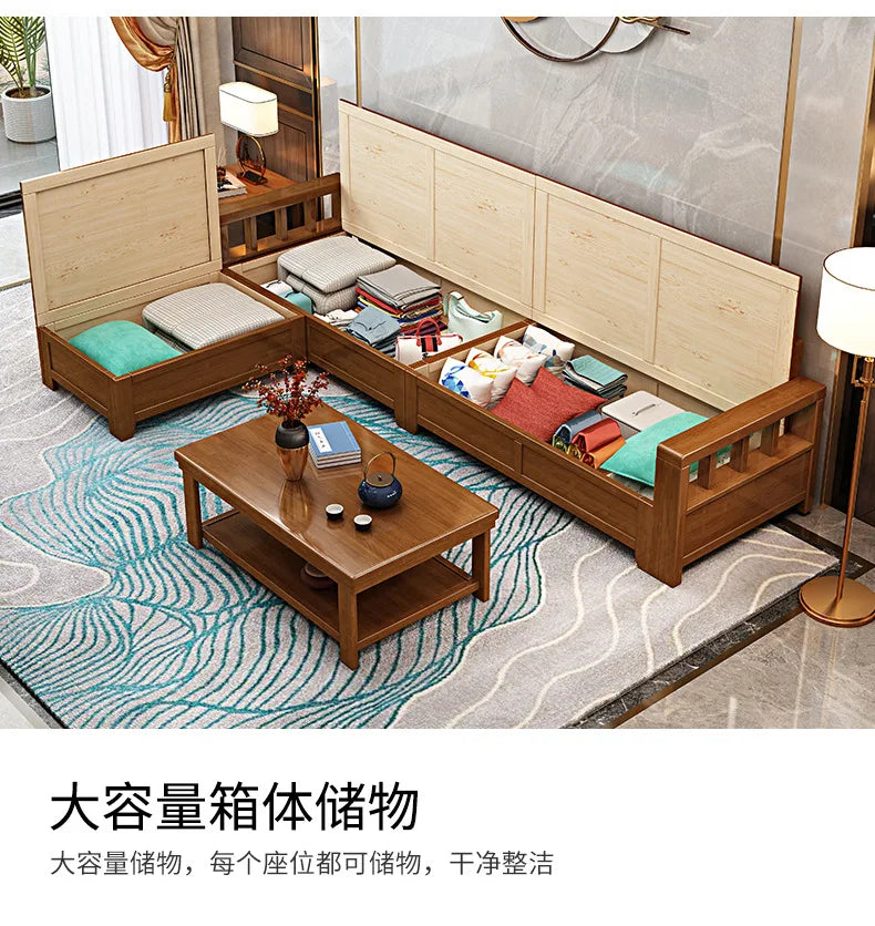Solid wood sofa combination modern simple small apartment e****mical fabric sofa new Chinese living room storage wooden sofa