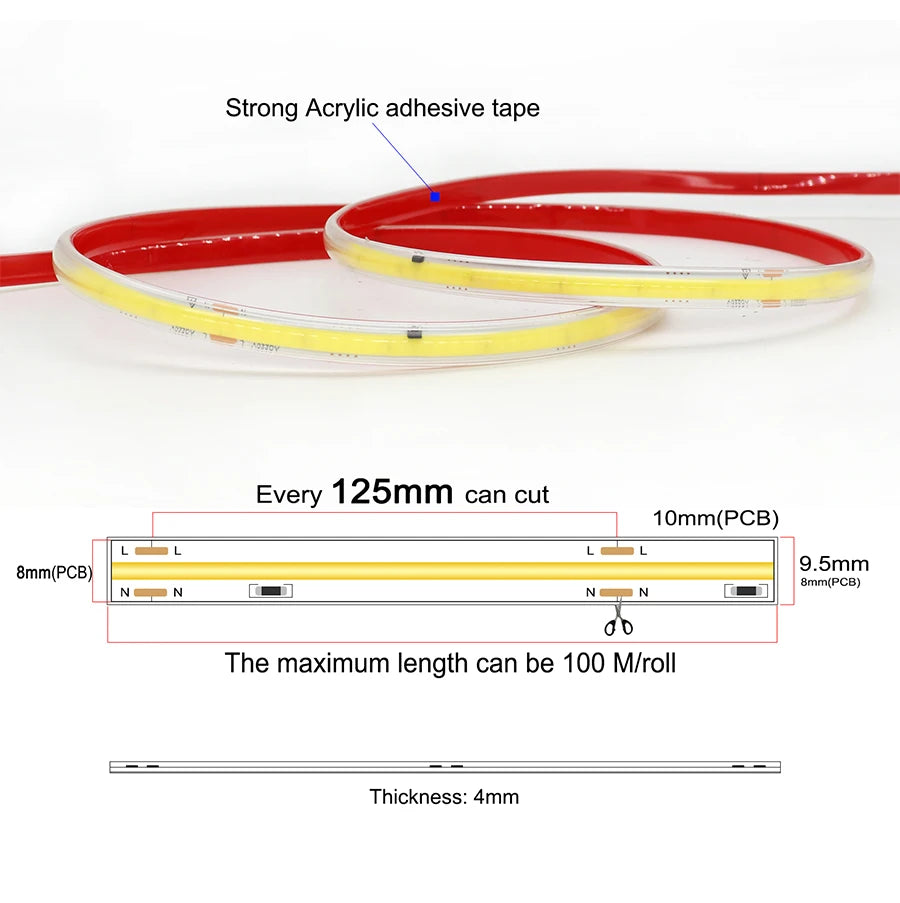1-50M 220V COB LED Strip Light High Bright Flexible Ribbon Light Tape IP68 Waterproof Outdoor Garden LED Strip 3000K 4000K 6000K