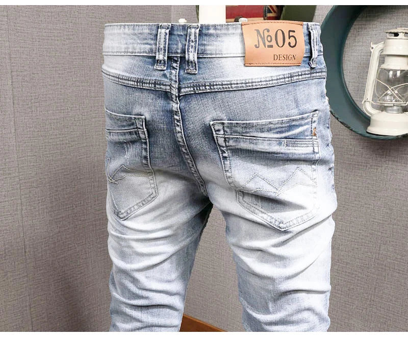 Streetwear Fashion Men Jeans Retro Light Blue Elastic Slim Fit Ripped Jeans Men Embroidery Designer Vintage Casual Denim Pants