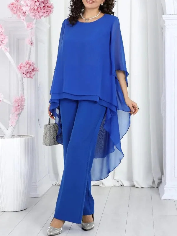 Women's Solid Chiffon Two Piece Sets Spring O-neck Mid-Sleeve Layered Ruffled Edges Long Top & Straight-leg Pants Sets Outfits