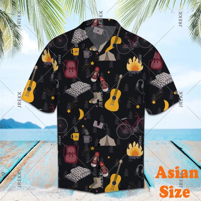 DJ Music Party Neon Print Hawaii Shirt Men's Clothing Cool Guitar Streetwear Shirts Bar Personality Trend Button Blouse 2025