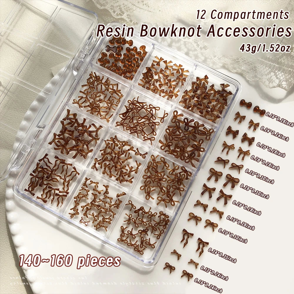 12Grids 3D Mini Maillard Brown Bowknot Kawaii Ribbon Bow New Year Nail Art Decorations Autumn Winter Y2K Bowtie Nail Rhinestones