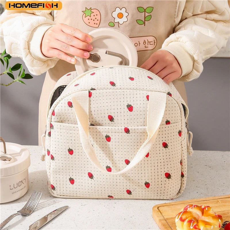 HOMEFISH Cute Flower Pattern Insulated Lunch Box Bag, Waterproof Durable Thermal Handbag for Food Storage
