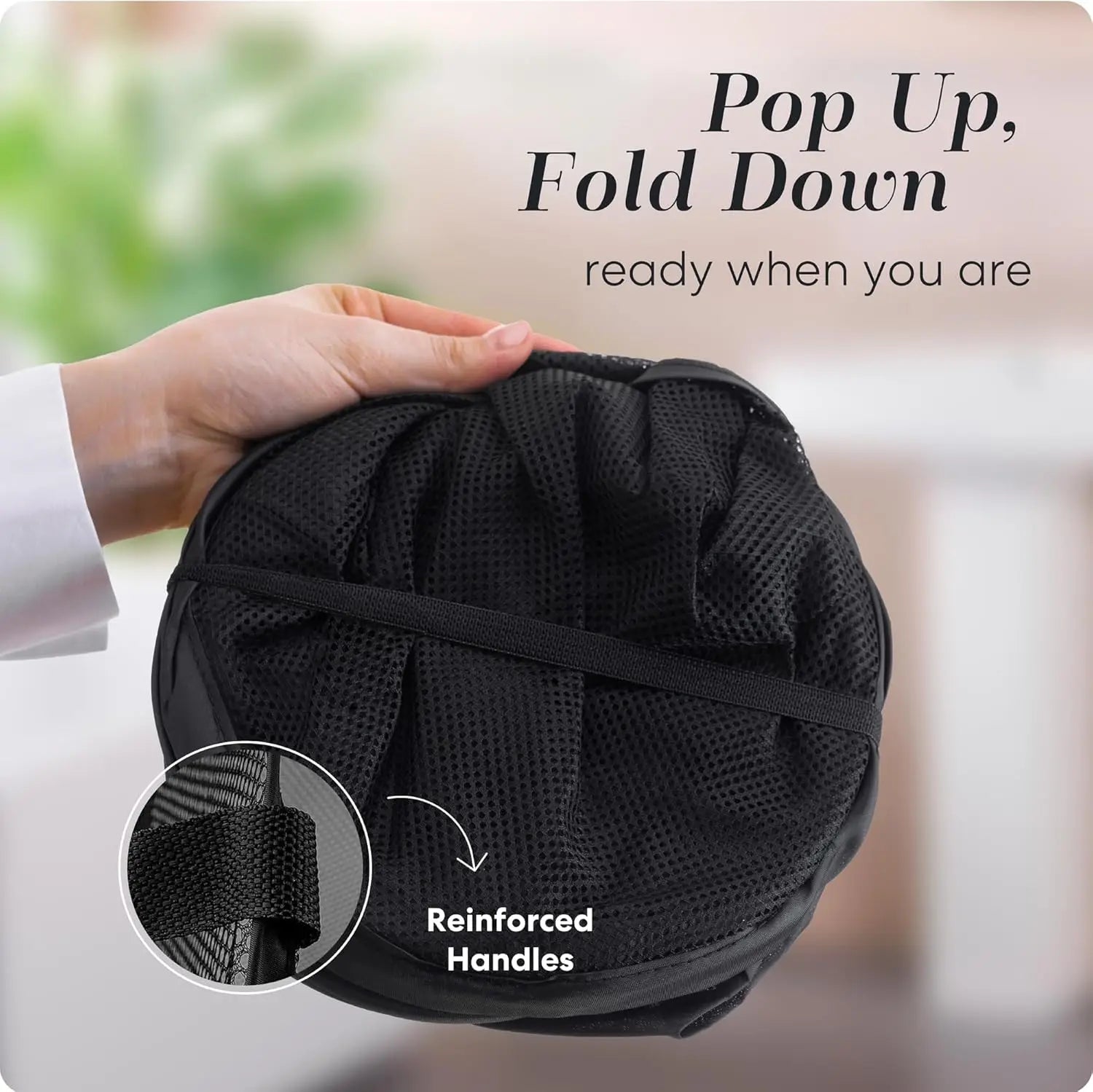 Collapsible mesh pop-up hamper, black, wide opening, side pocket, breathable, foldable, space-saving for clothes & storage