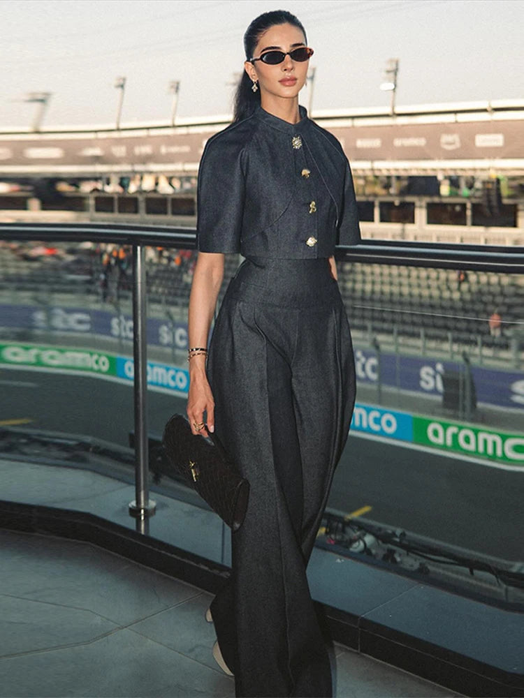 Street Denim Top Pants Women Set Short Sleeve Stand Collar Coats Wide Leg Trousers 2026 Summer Autumn 2 Pieces Set Women New